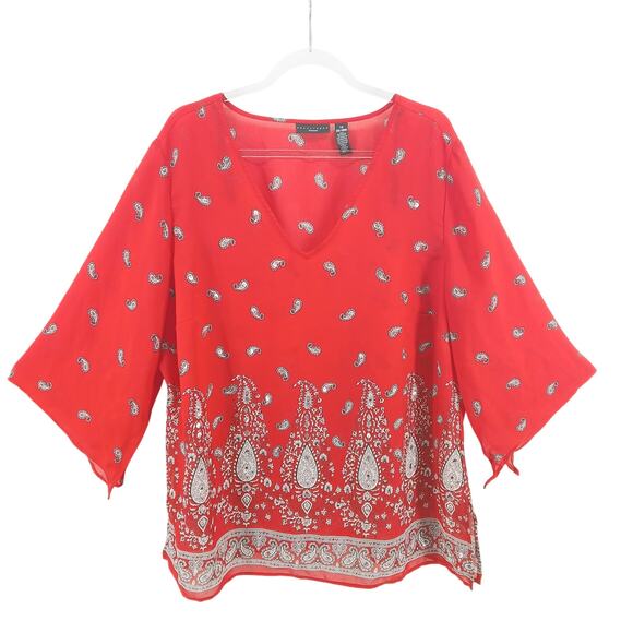 Apostrophe Red Paisley Print 3/4 Sleeve Sheer Sequin Oversize Blouse Womens 1X - Picture 1 of 9
